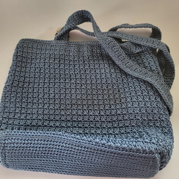 The Sak Sky Blue Crocheted Women Knit Handbag Purse Bag Double Handle - Picture 3 of 4